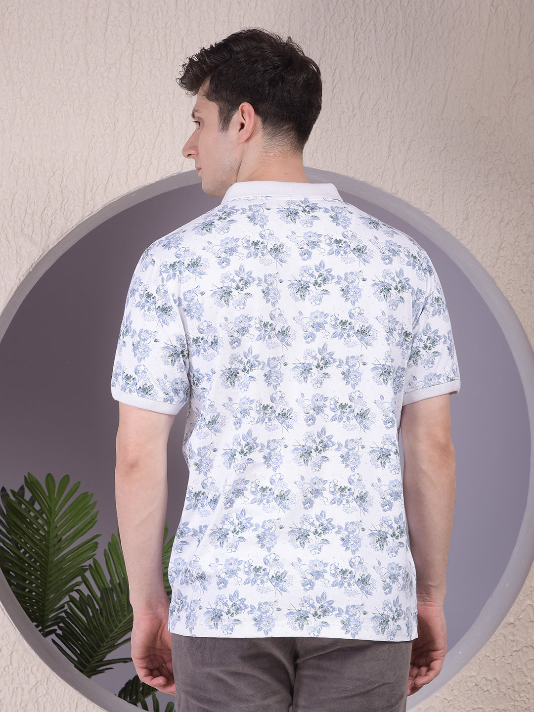Green Floral Print Polo-Neck T-Shirt