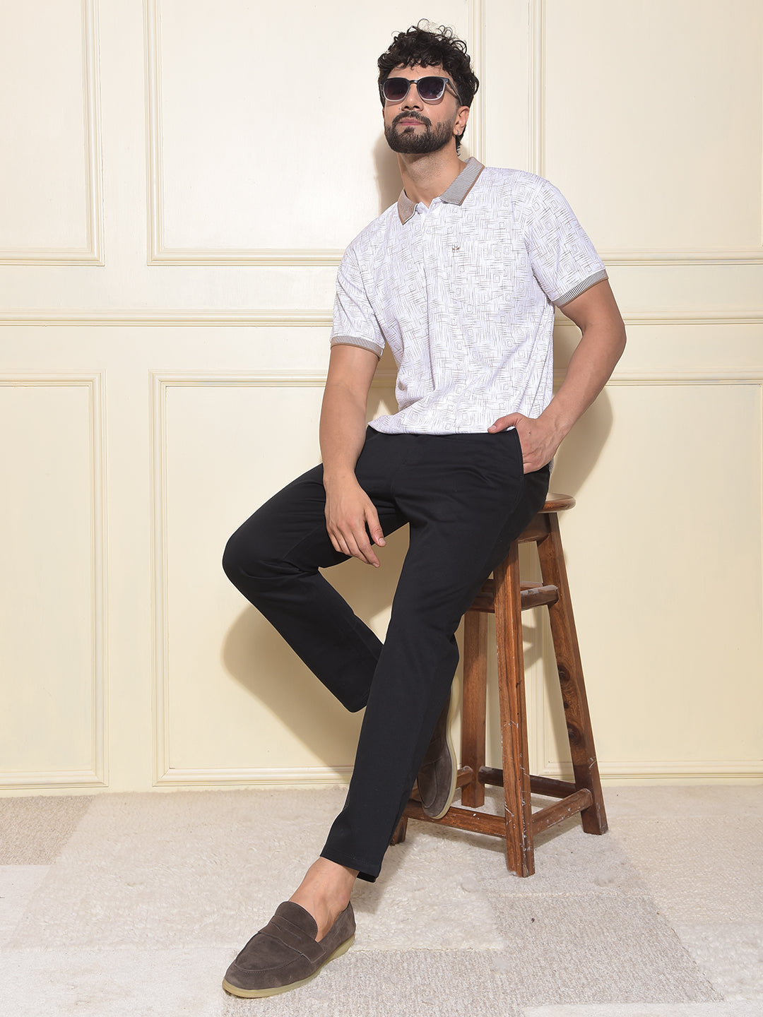 Brown Printed Polo Neck 100% Cotton T-Shirt