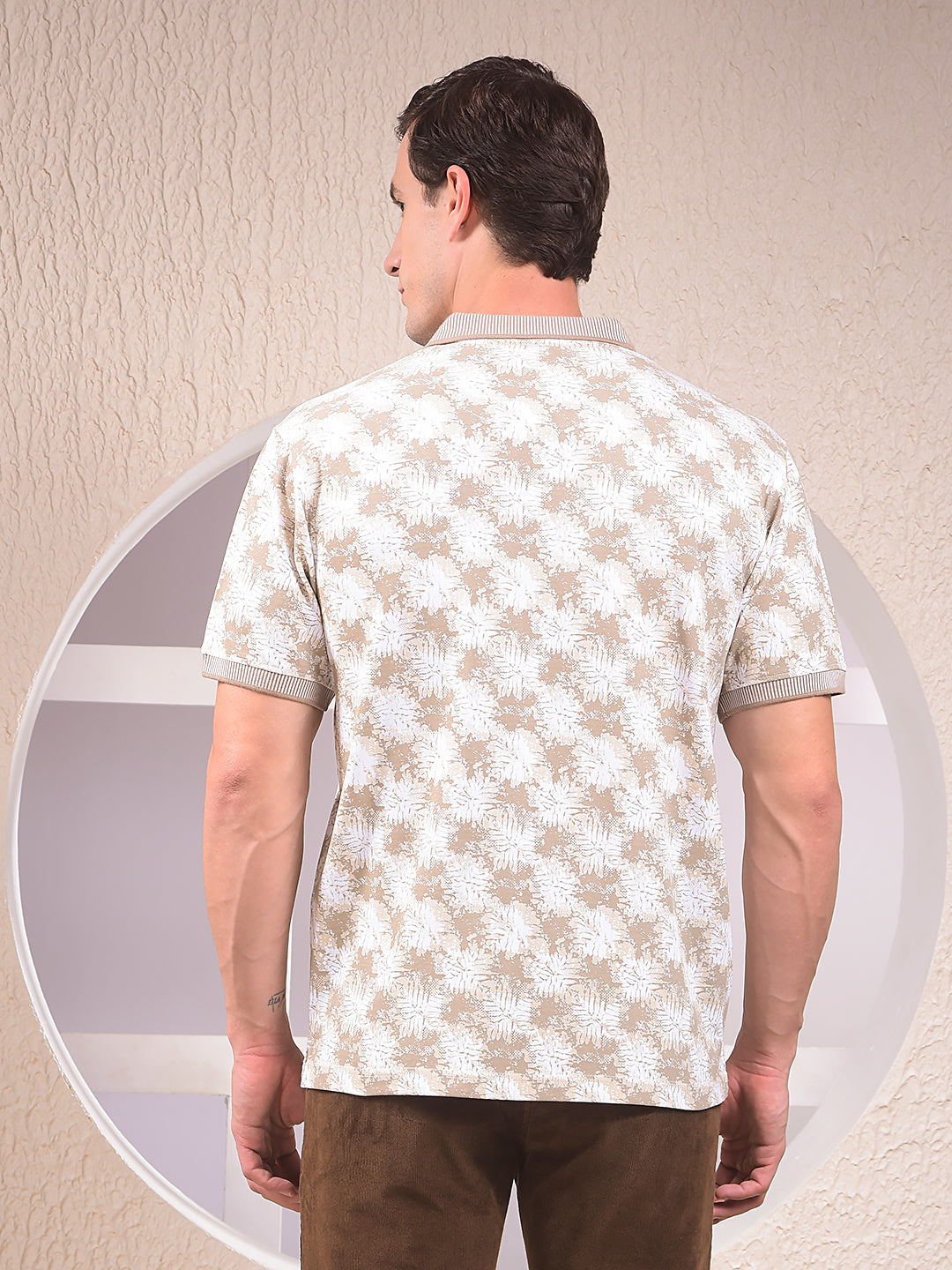 Beige Floral Print Polo Neck 100% Cotton T-Shirt