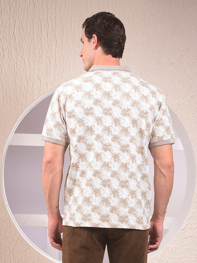 Beige Floral Print Polo Neck 100% Cotton T-Shirt