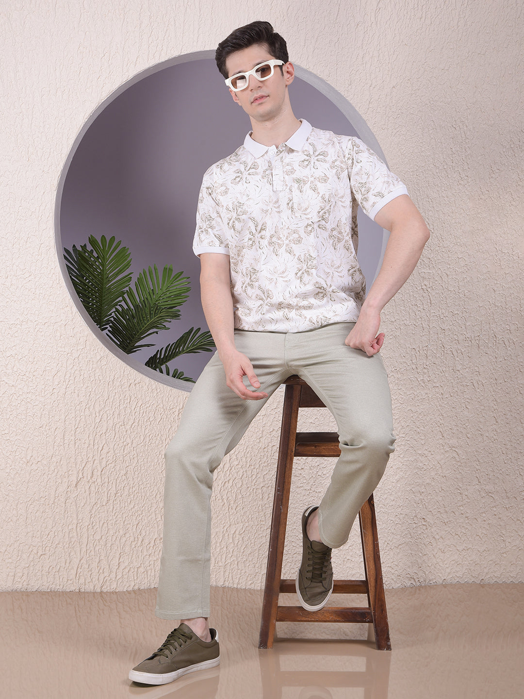 Beige Floral Print Polo-Neck T-Shirt