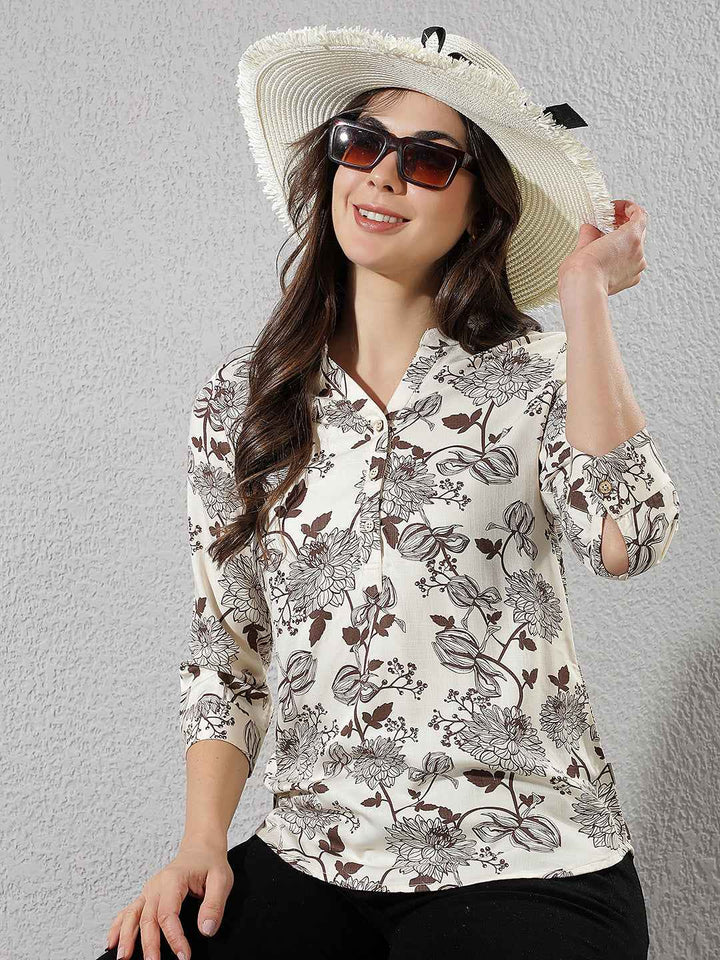 Wine Floral Printed V-Neck Top