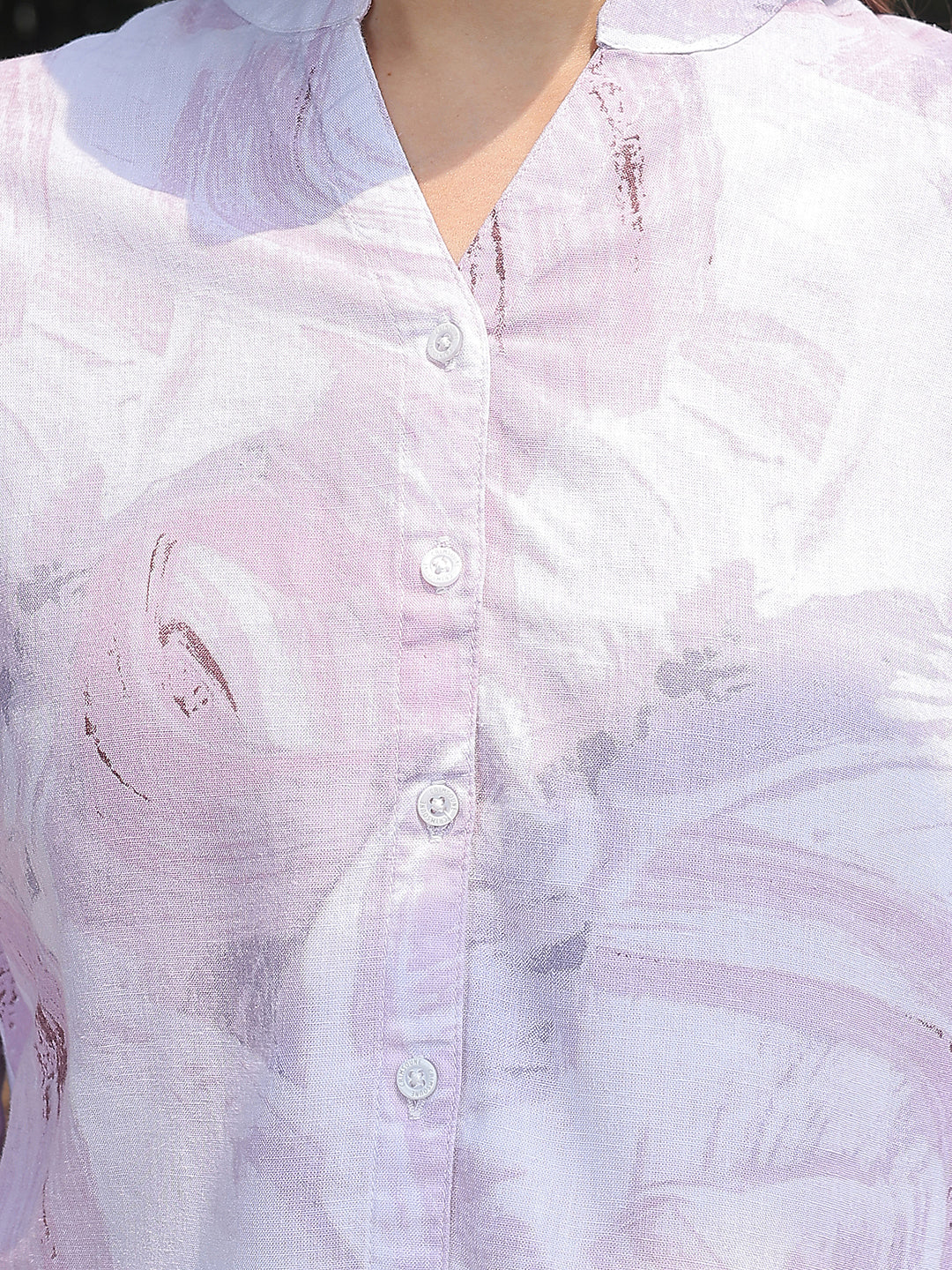 Purple Printed V-Neck Linen Shirt