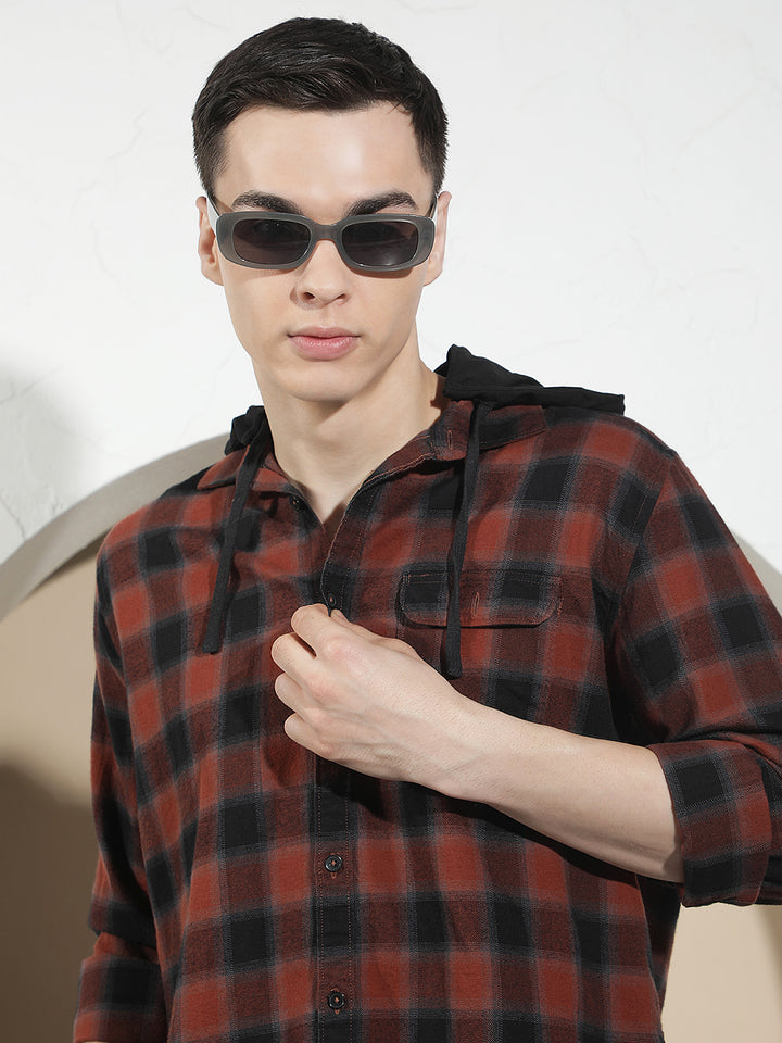 Maroon 100% Cotton Checked &amp; Hooded Shirt