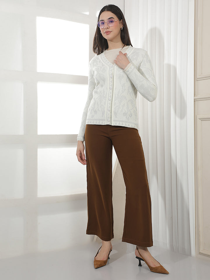 Off White Jacquard V-Neck Cardigan