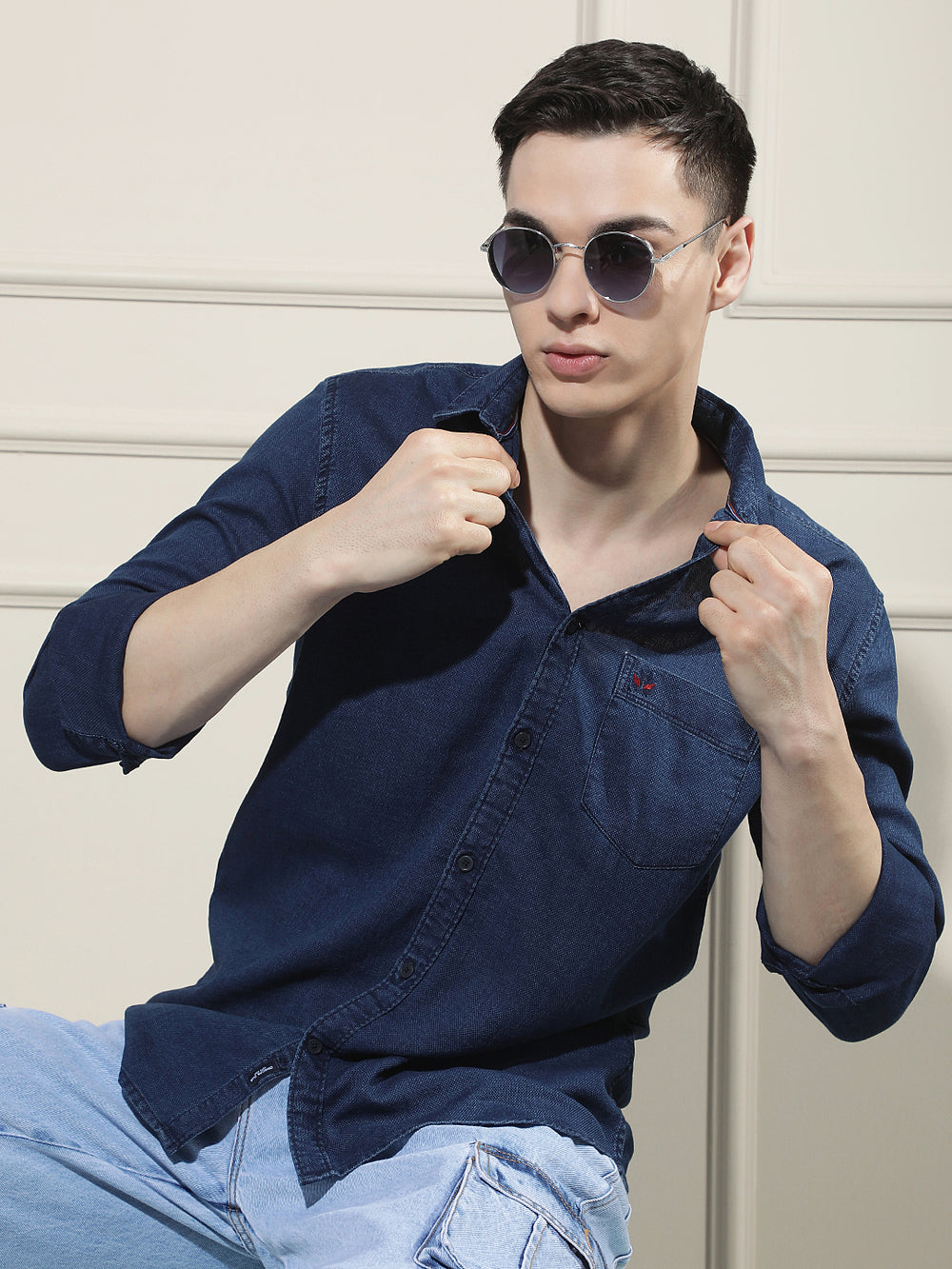 Navy Blue 100% Cotton Denim Shirt