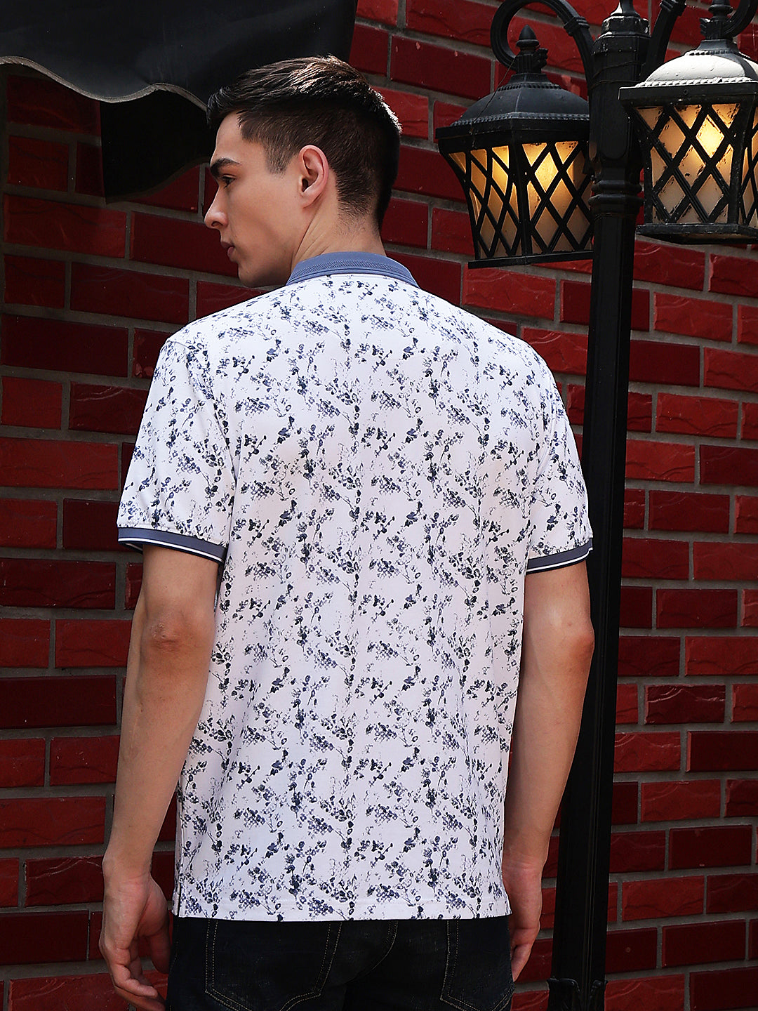 Blue Printed Polo Neck T-Shirt