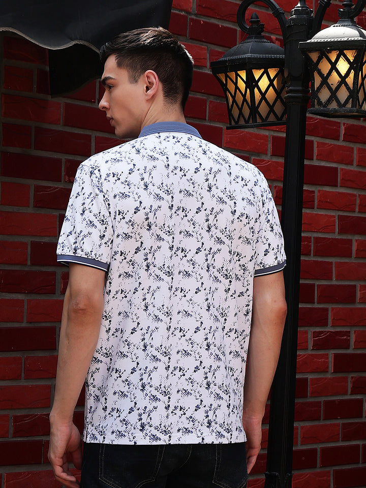 Blue Printed Polo Neck T-Shirt