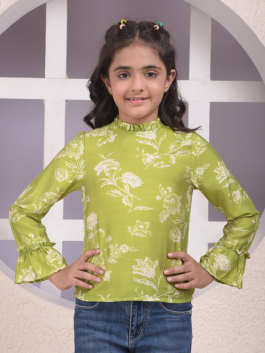 Green Floral Print High Neck Top