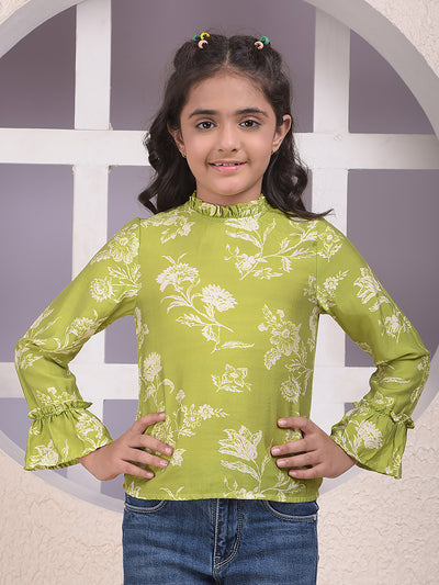 Green Floral Print High Neck Top