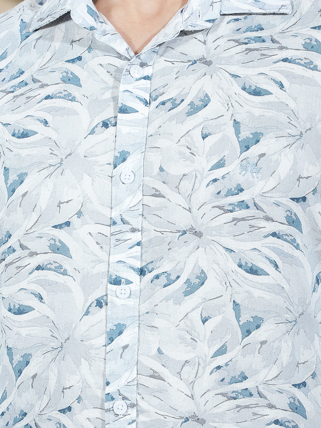 Blue Floral Print Linen Shirt