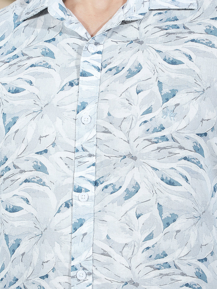 Blue Floral Print Linen Shirt