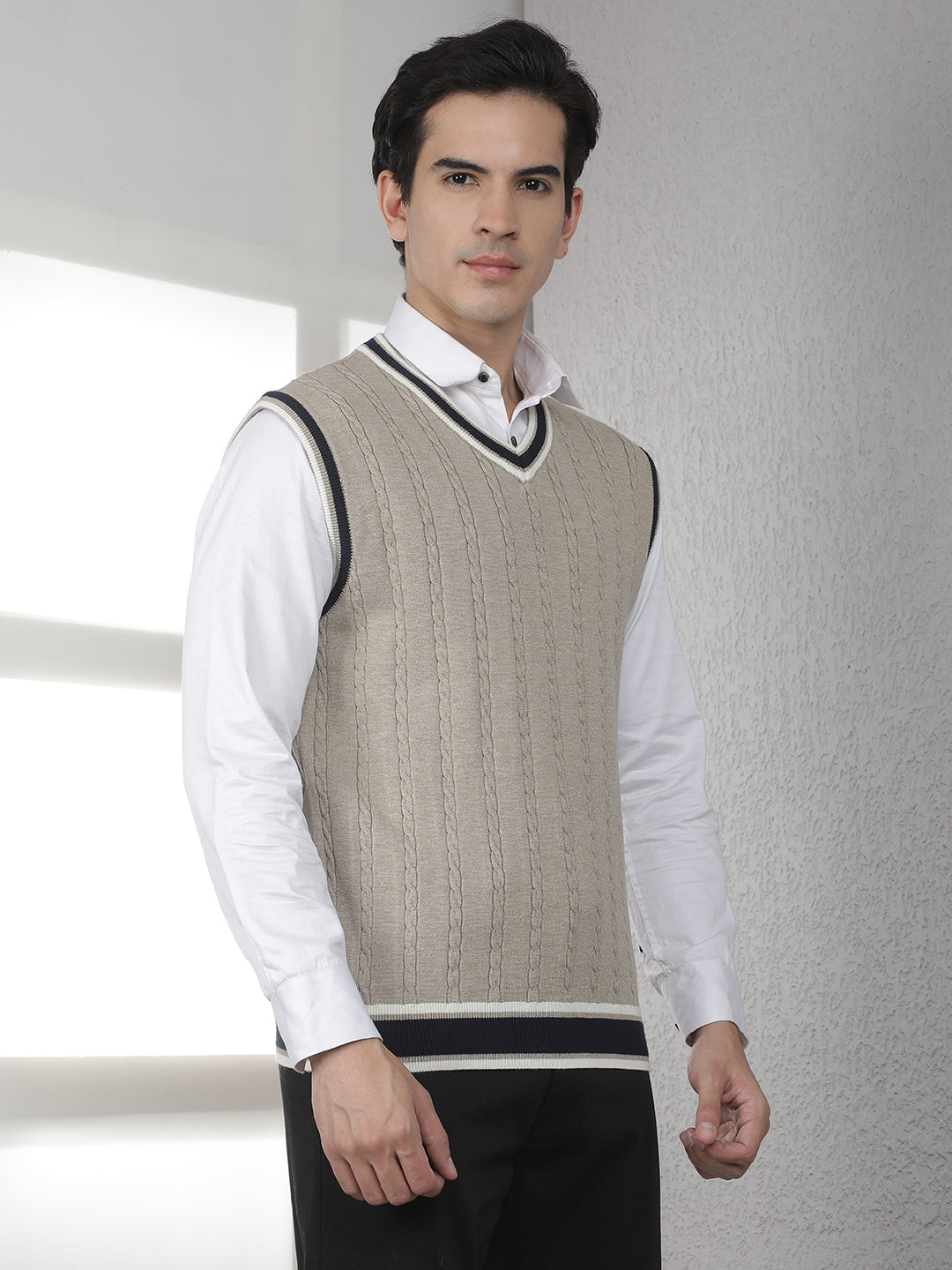Beige Jacquard V-Neck Sleeveless Sweater