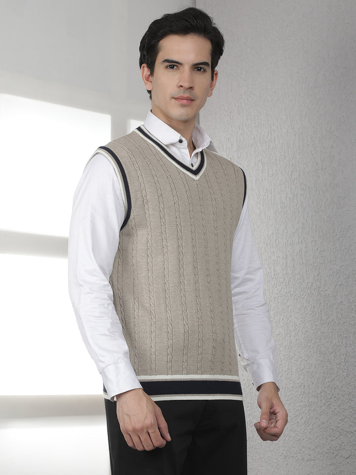 Beige Jacquard V-Neck Sleeveless Sweater