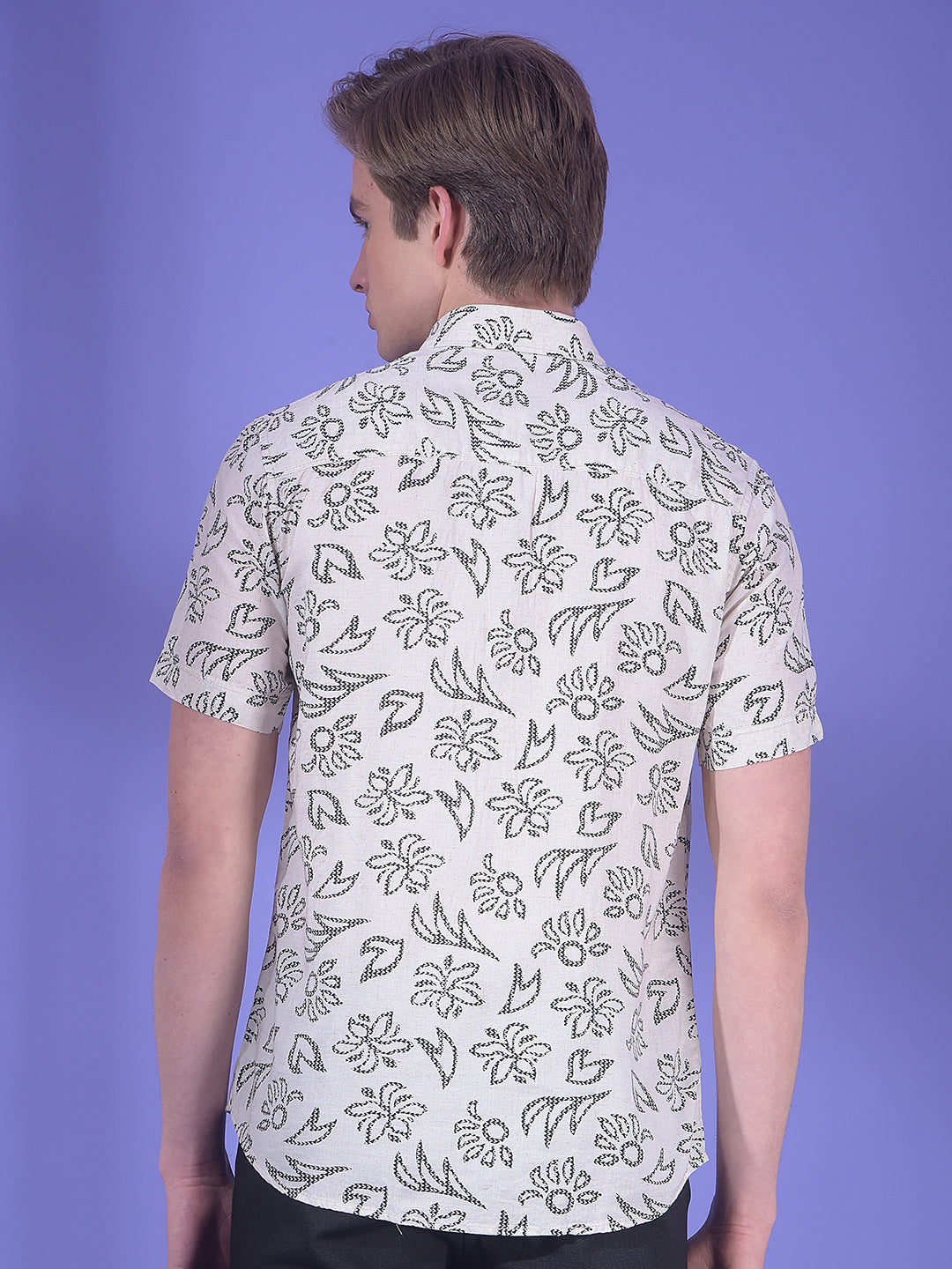 Beige Floral Print Linen Shirt