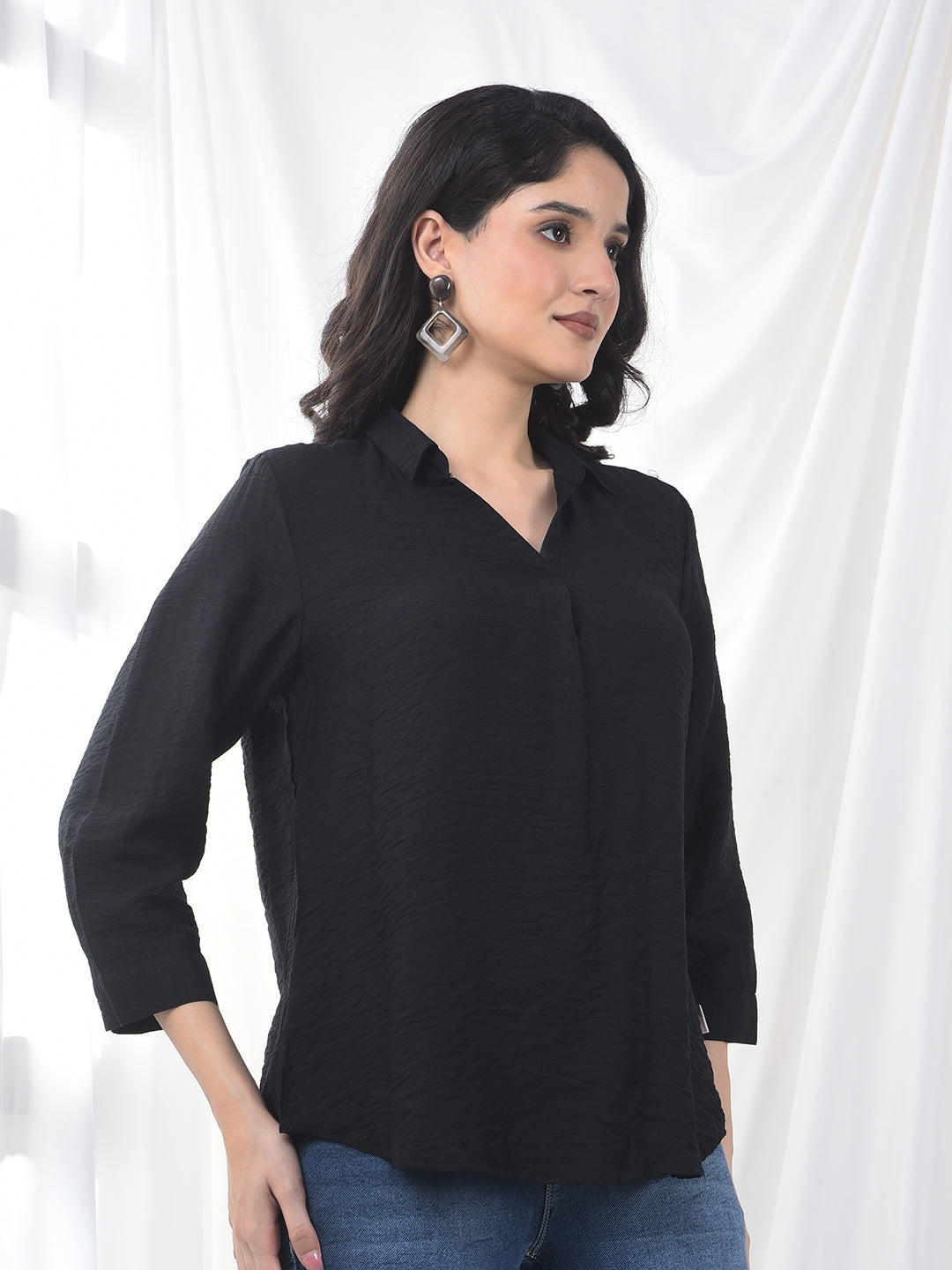 Midnight Black Crinkle Weave Flow Fit Top