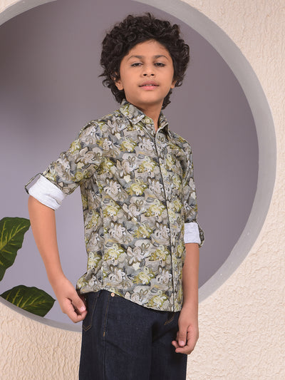Green Floral Print 100% Cotton Corduory Shirt