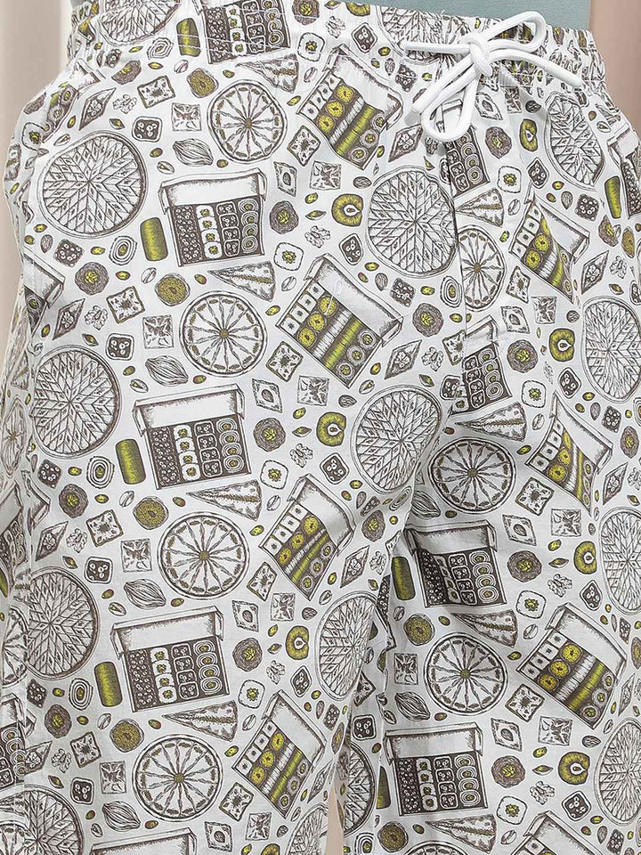 White 100% Cotton Abstract Printed Lounge Shorts
