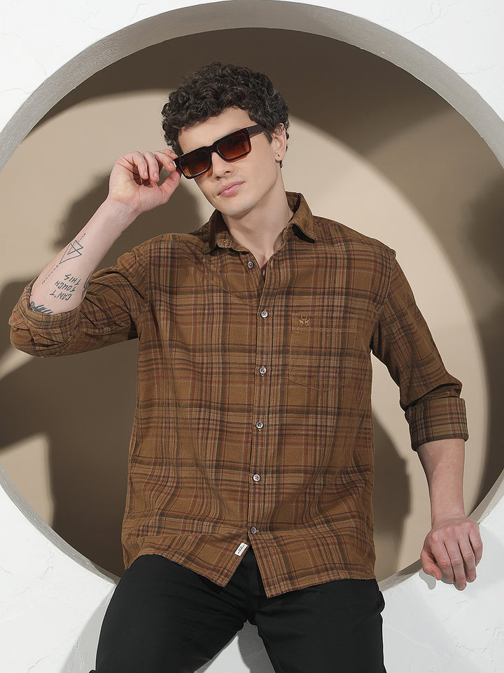 Brown Checked 100% Cotton Corduroy Shirt