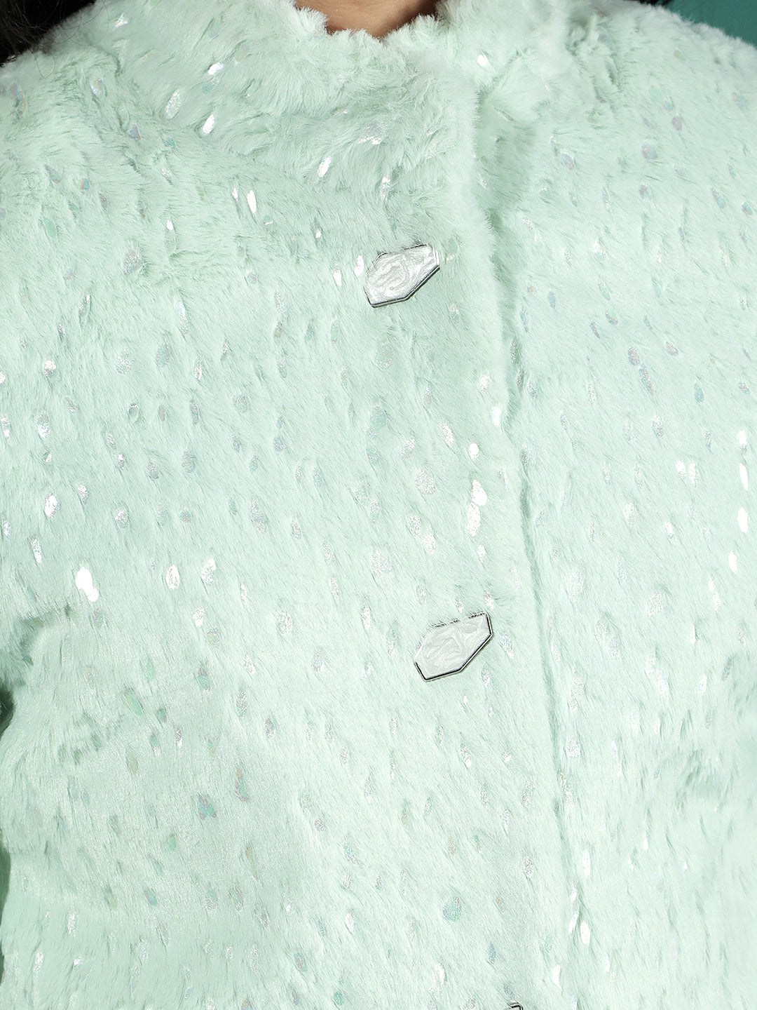 Green Embellished High Neck Fur Coat