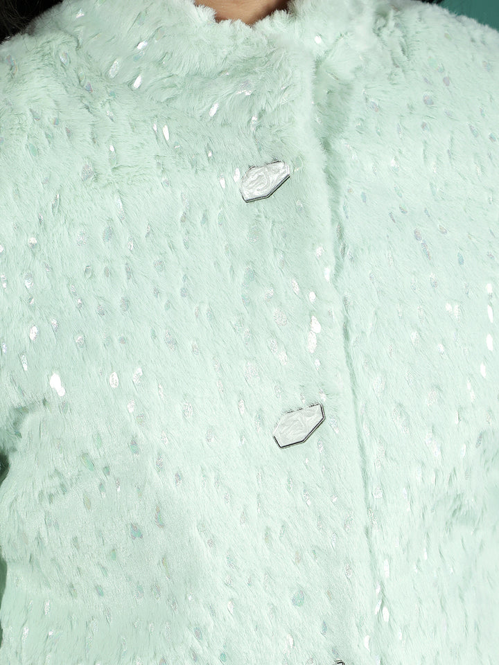 Green Embellished High Neck Fur Coat