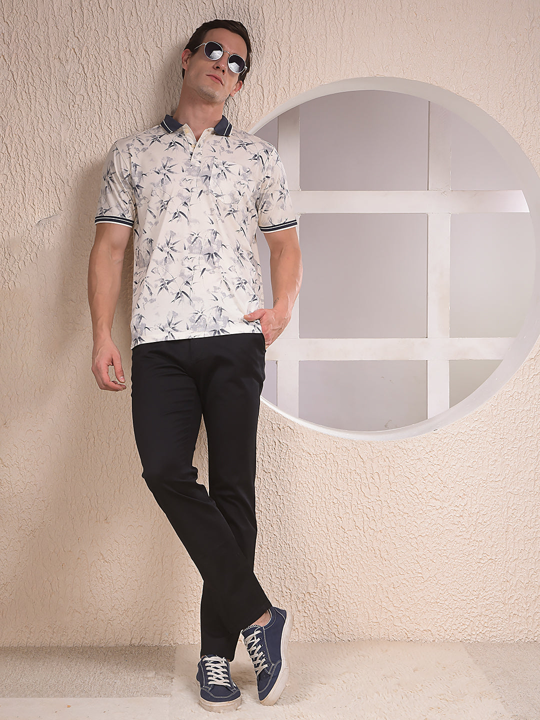 Navy Blue Floral Print Polo Neck T-Shirt