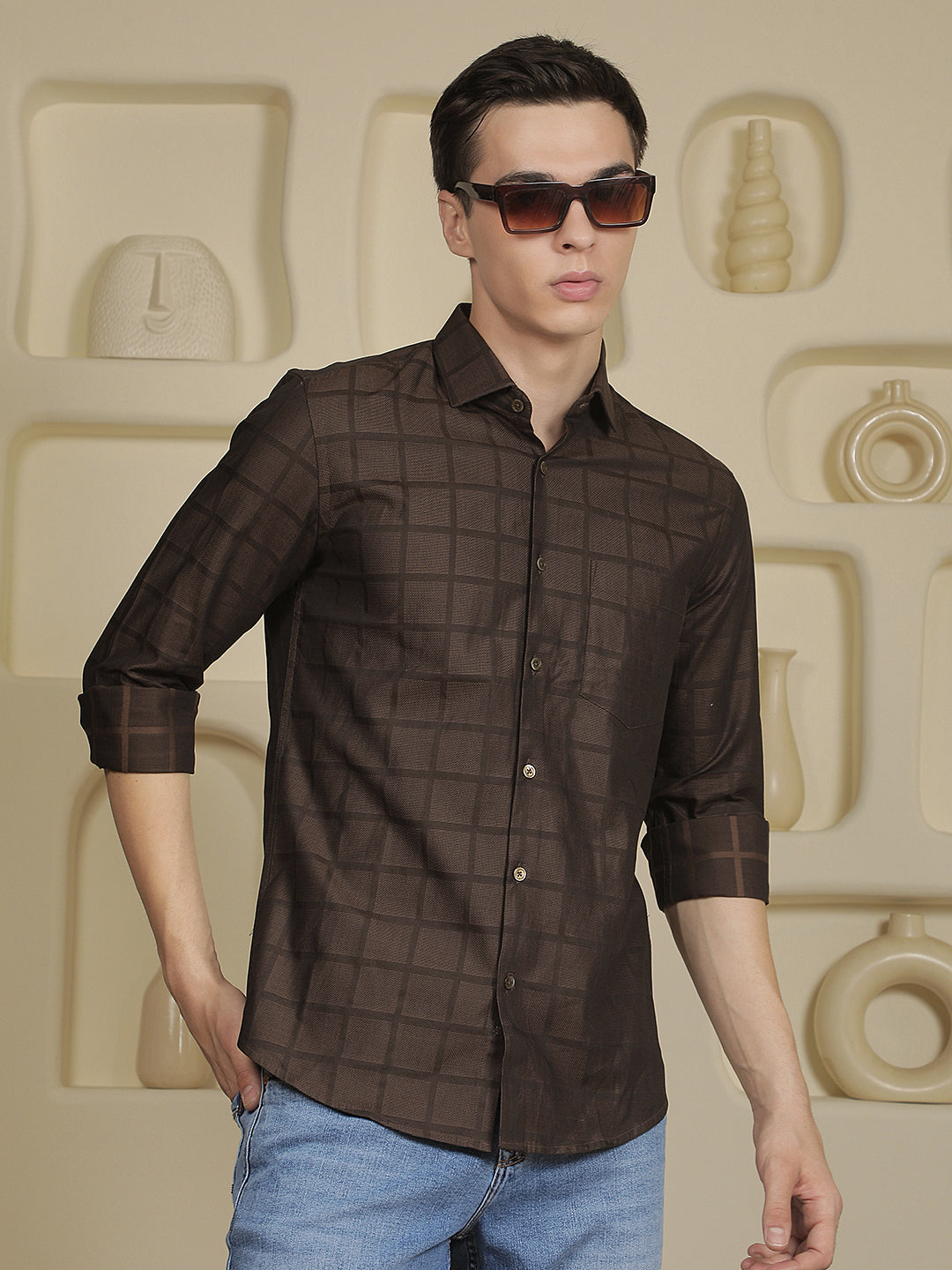 Brown Checked 100% Cotton Shirt
