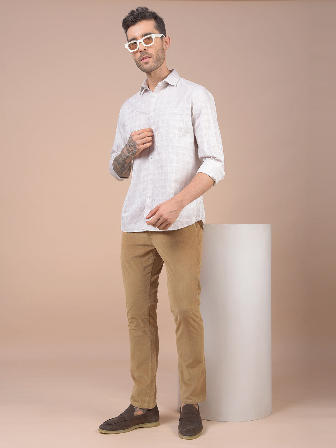 Cream Checked 100% Cotton Shirt
