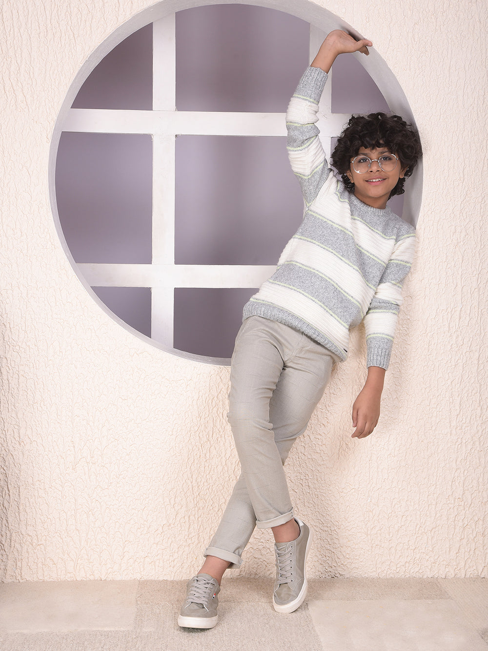 Grey Horizontal Stripes Knitted Sweater