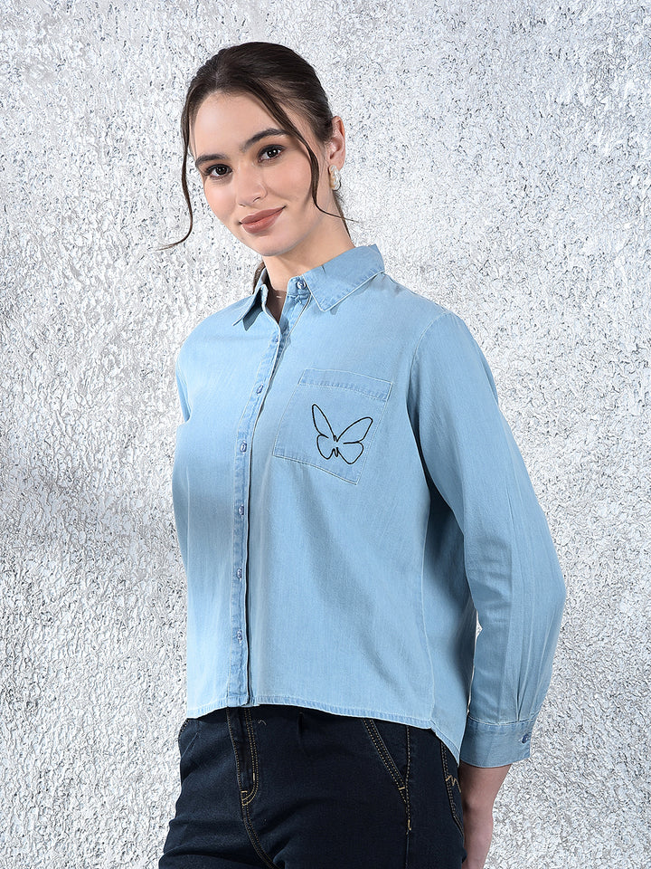 Blue Embroidered 100% Cotton Denim Shirt