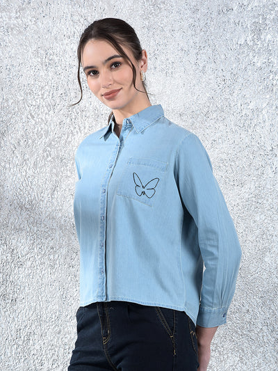 Blue Embroidered 100% Cotton Denim Shirt