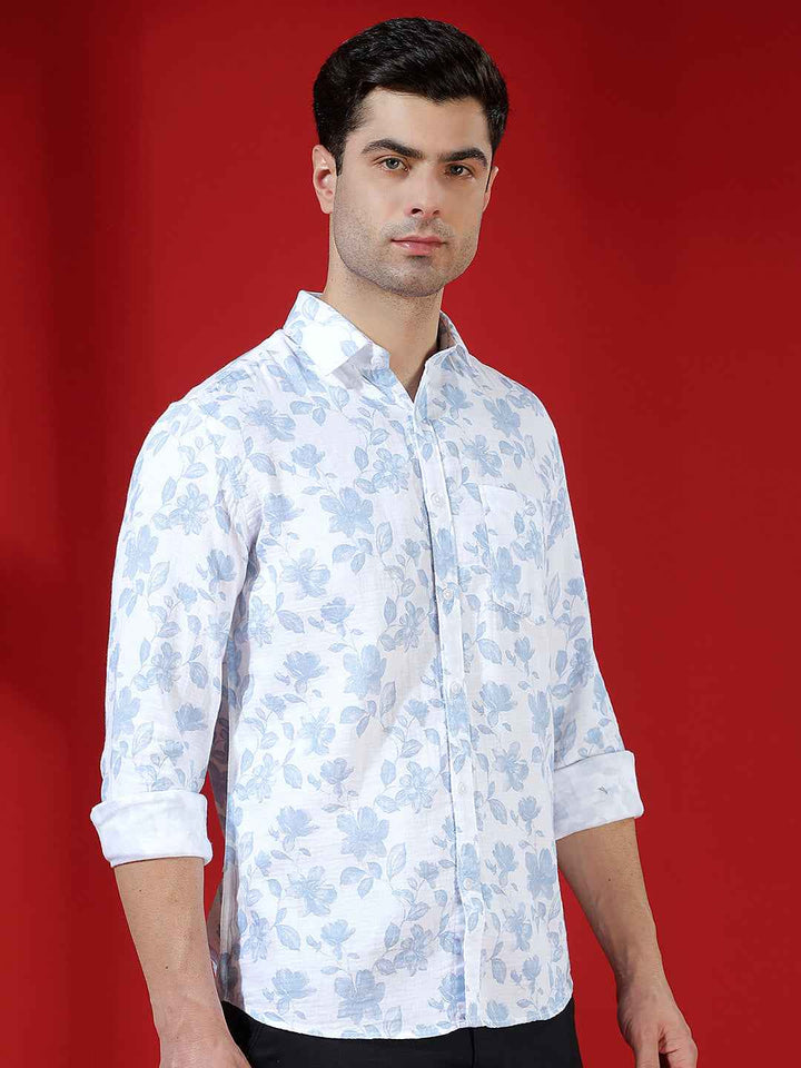 Blue Floral Print 100% Cotton Shirt