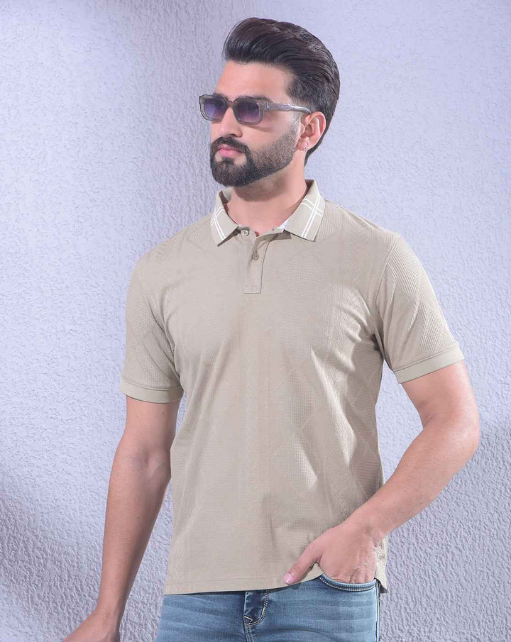 Beige Jacquard Polo Neck T-Shirt