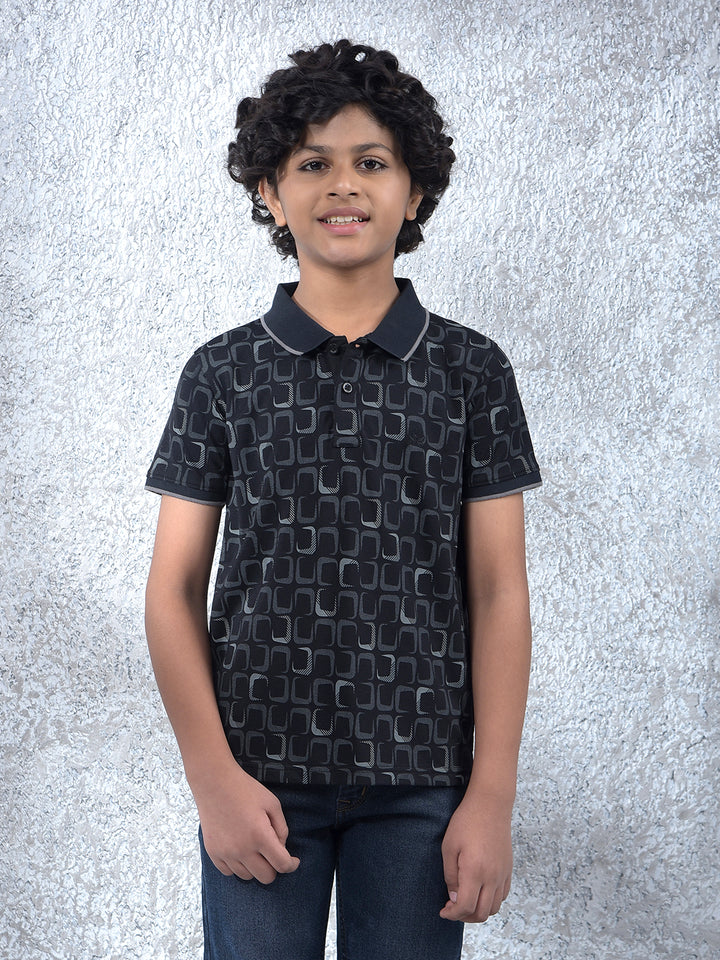 Black Printed Polo Neck T-Shirt