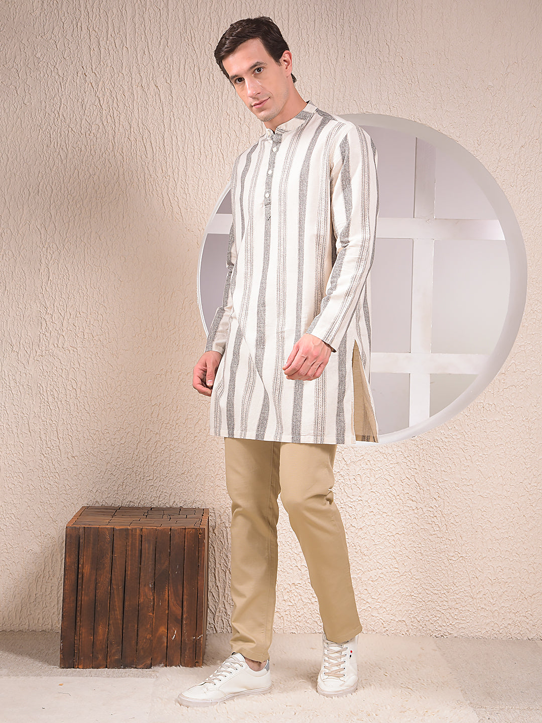 Beige Vertical Stripes Linen Straight Kurta