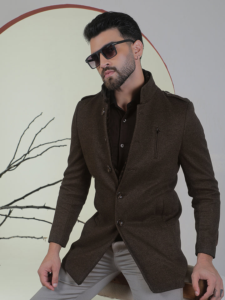 Brown Longline Stand Collar Coat