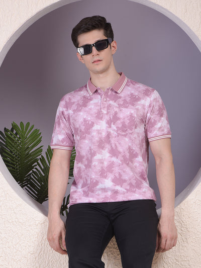 Pink Printed Polo-Neck T-Shirt