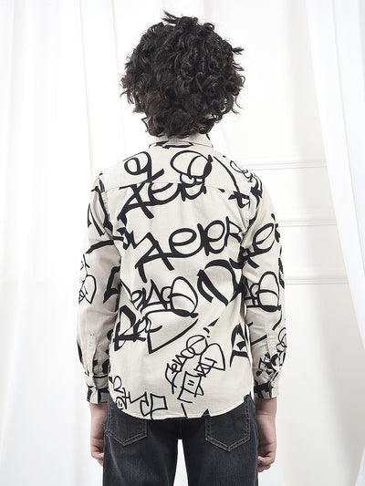 Beige Typographic Print 100% Cotton Knitted Shirt & T-Shirt Set