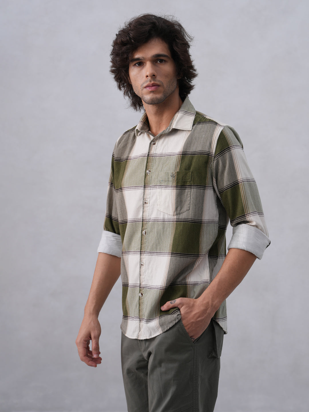 Olive Checked 100% Cotton Corduroy Shirt