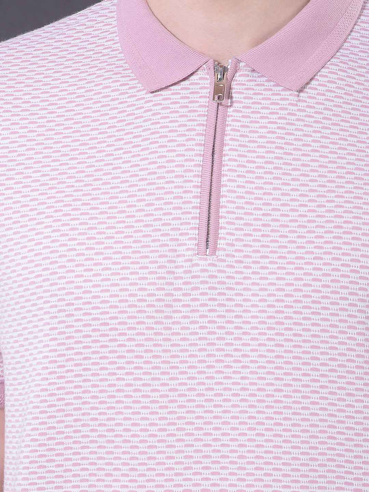 Pink Printed Polo Neck T-Shirt with Zip Closure