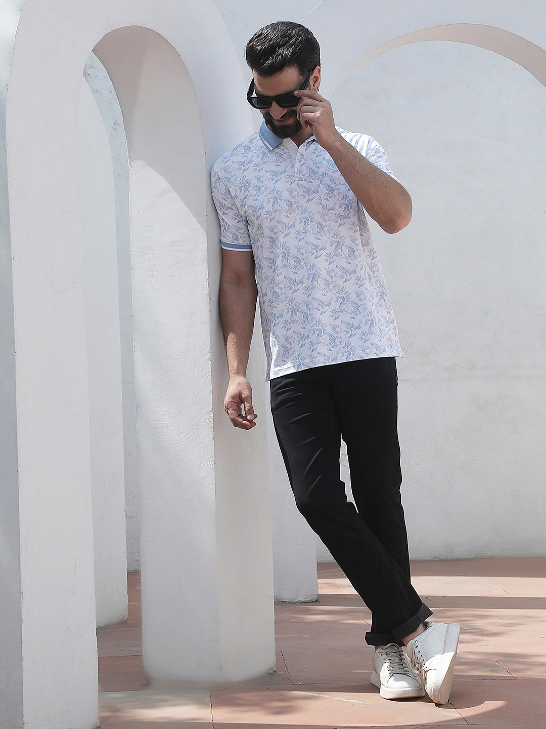Blue Floral Print Polo Neck T-Shirt