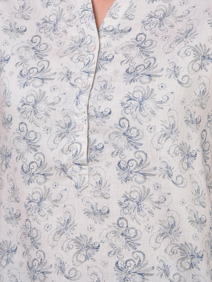 Beige Floral Print V-Neck Linen Top