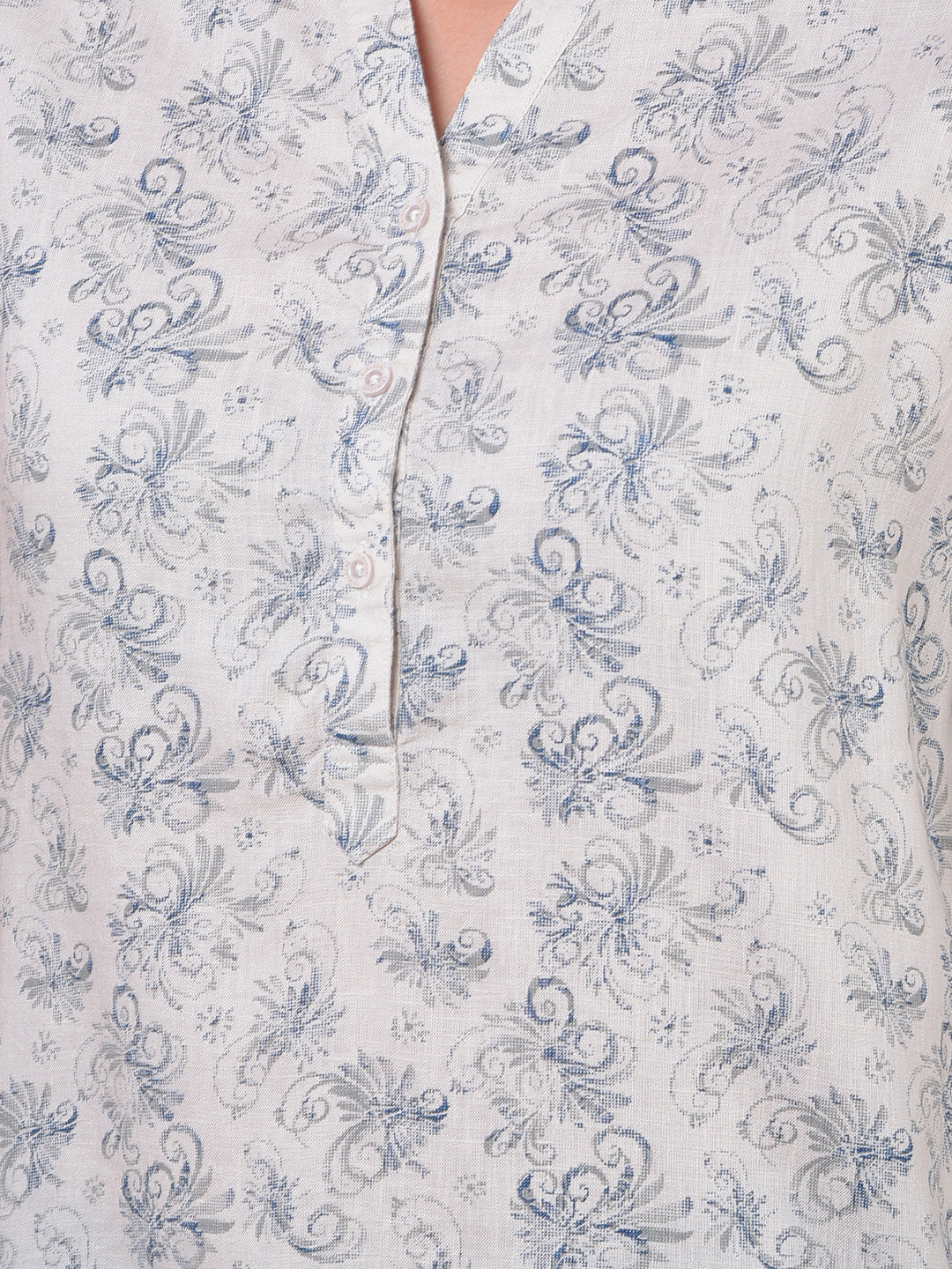 Beige Floral Print V-Neck Linen Top