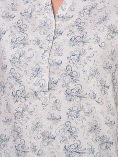 Beige Floral Print V-Neck Linen Top