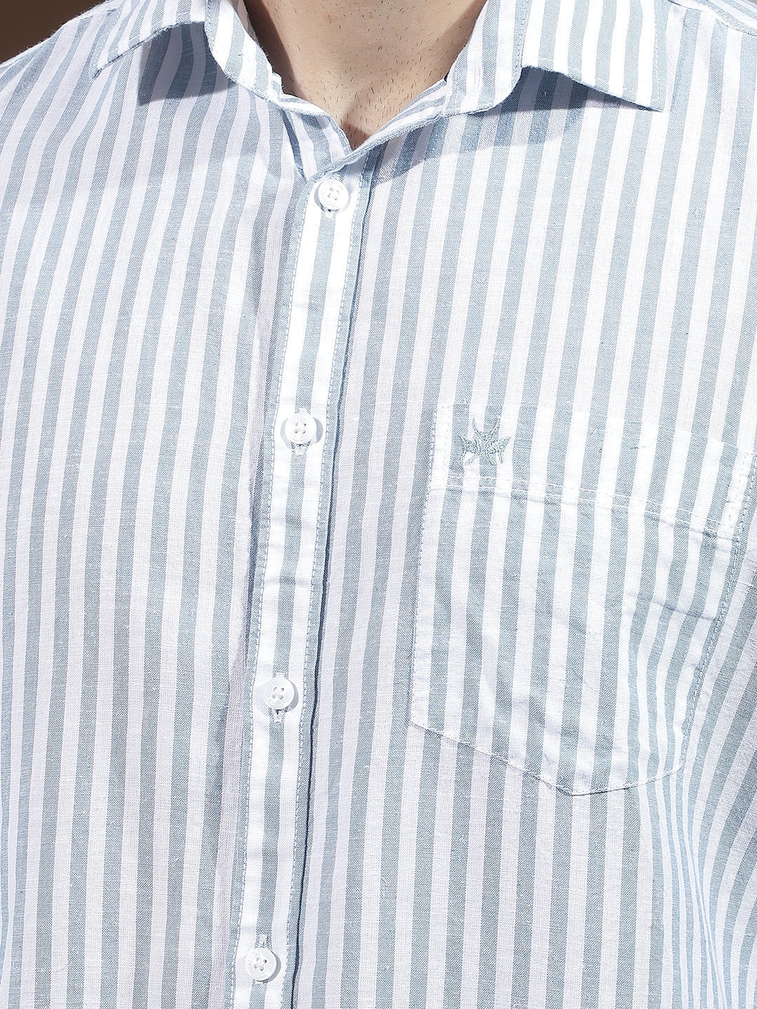 Sky Blue Linen Verical Stripes Shirt