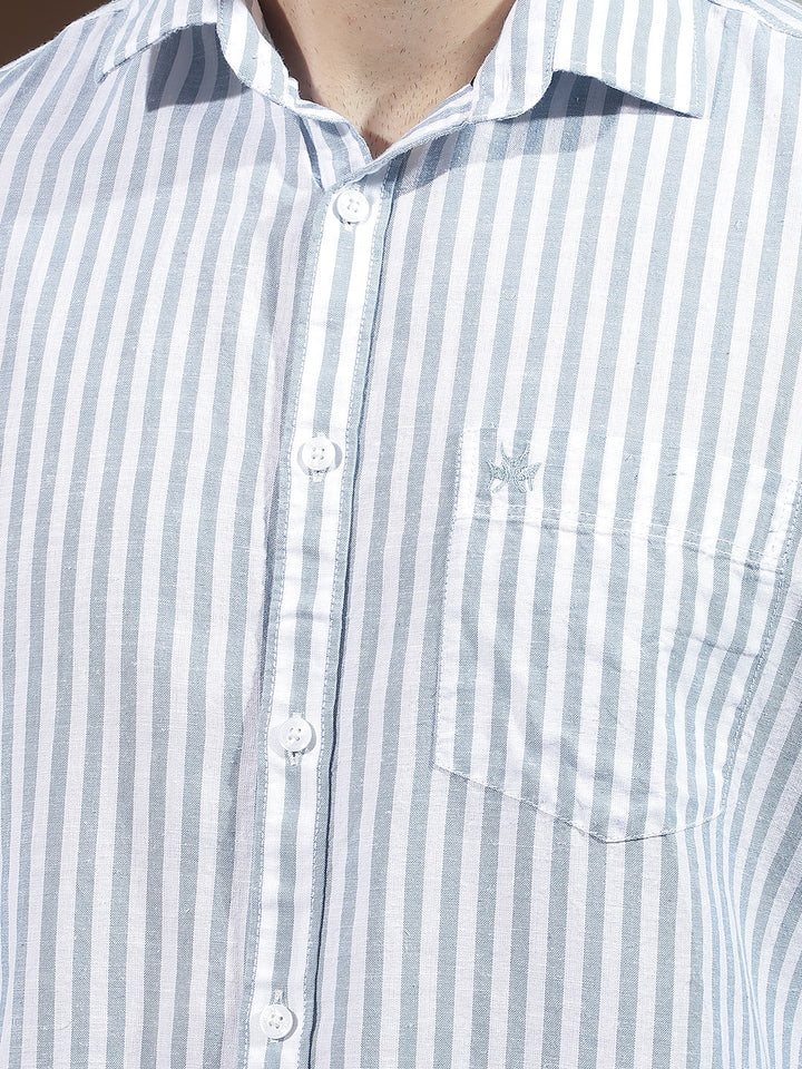Sky Blue Linen Verical Stripes Shirt