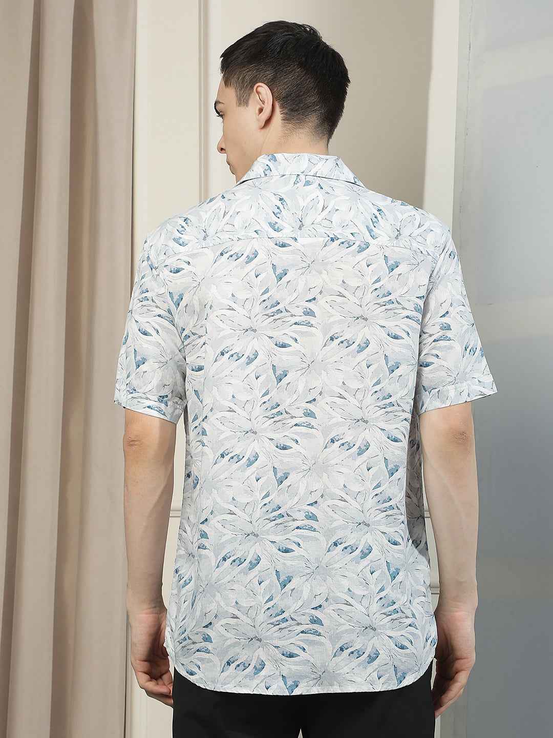 Blue Linen Floral Printed Shirt