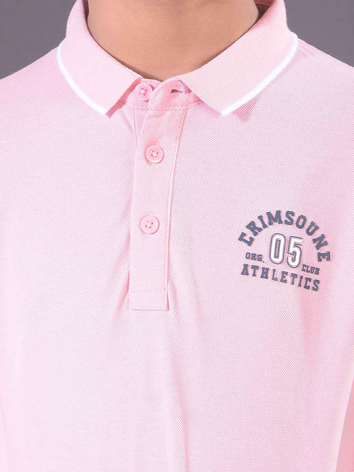 Pink Typographic Print Polo Neck T-Shirt