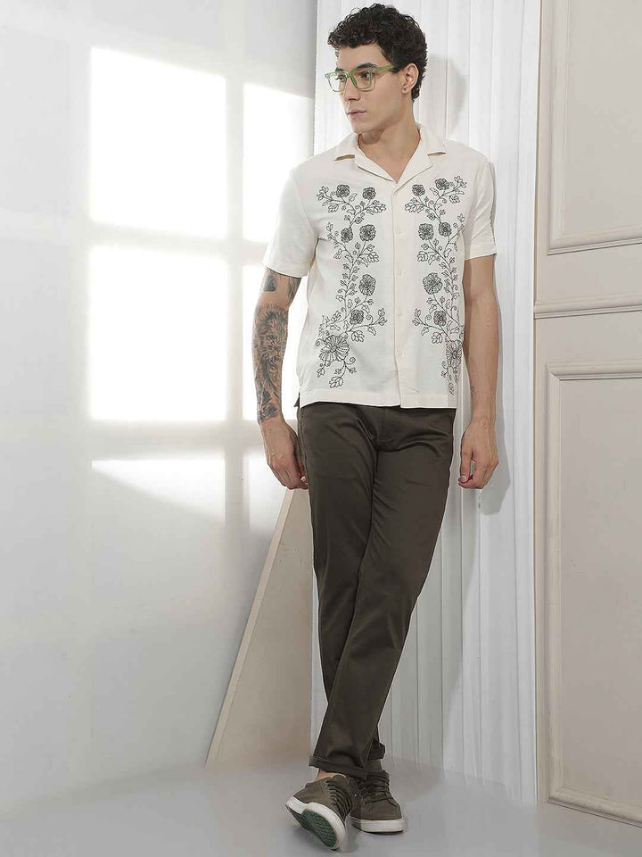 Beige Floral Cuban Collar Linen Shirt