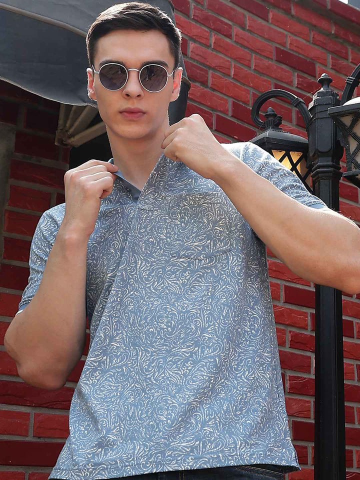 Blue Printed Polo Neck T-Shirt